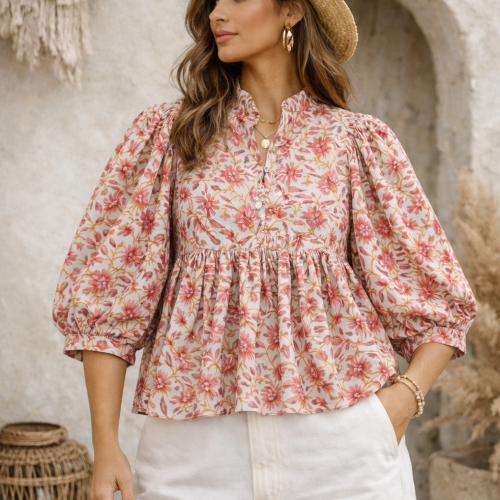 Sur La Vague SLV OG Puff Sleeve Flowy Ruffle Neck Floral Blouse Small